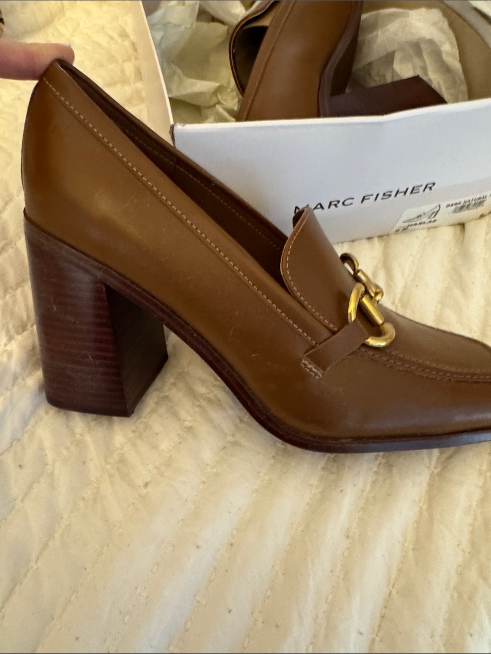 Marc Fisher Harlae Brown Block Heel Bit Loafer with Gold Accent